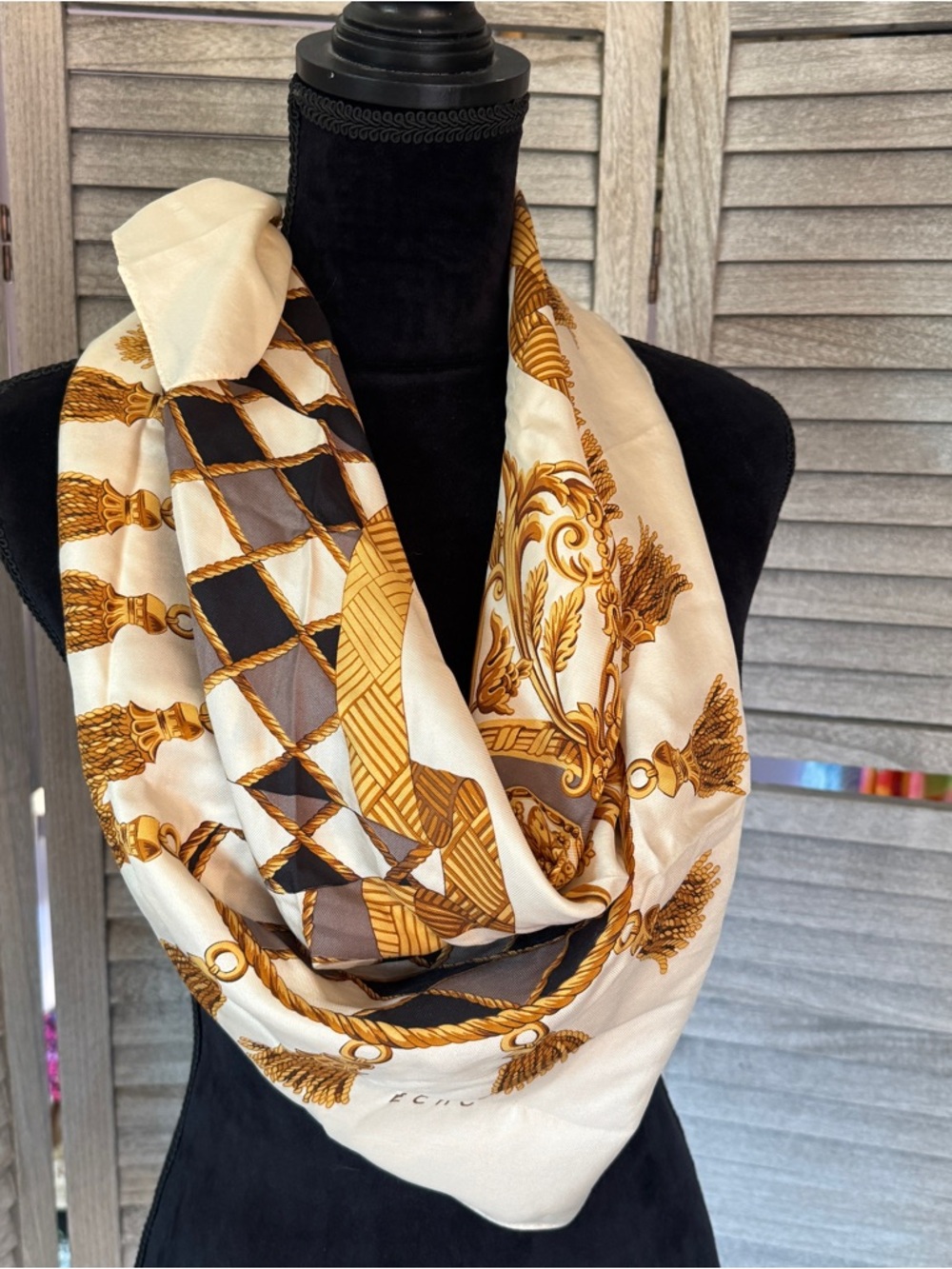Echo 100% Silk Square Scarf Cream Gold Tassel Rope Baroque Harlequin Print